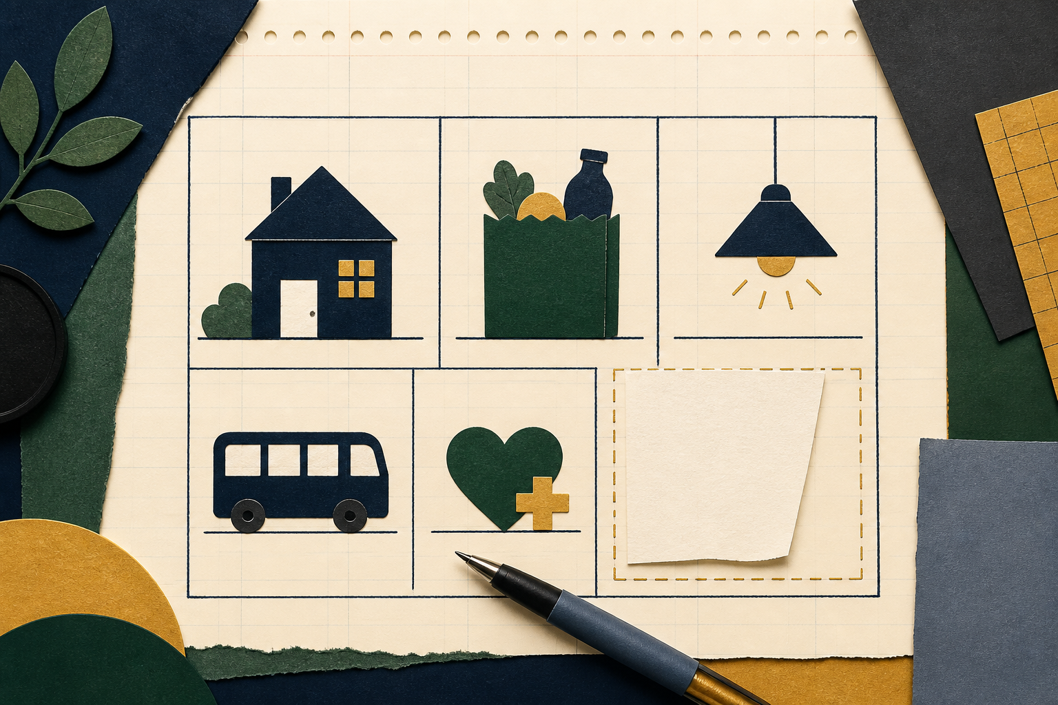 A simple bare-bones budget divided into housing, food, utilities, transportation, health, and breathing room.