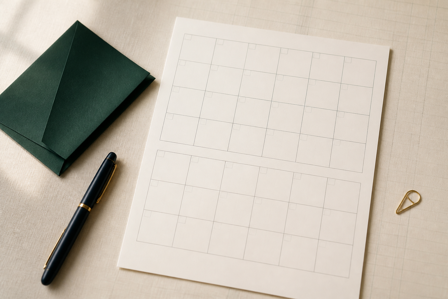 Blank two-week calendar beside a dark green notebook and pen