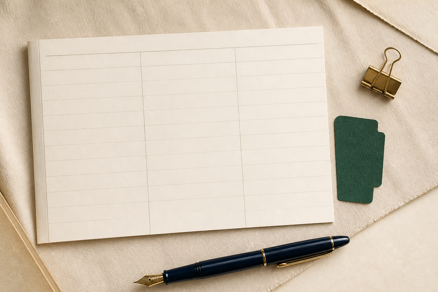 Blank ledger page with a deep green tab, a navy pen, and an antique gold binder clip