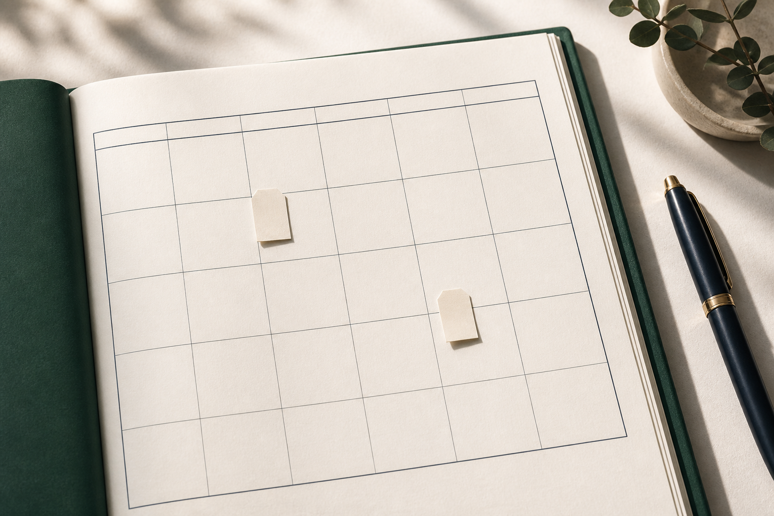 Blank calendar grid with two unmarked tabs, a deep green notebook, and a navy pen