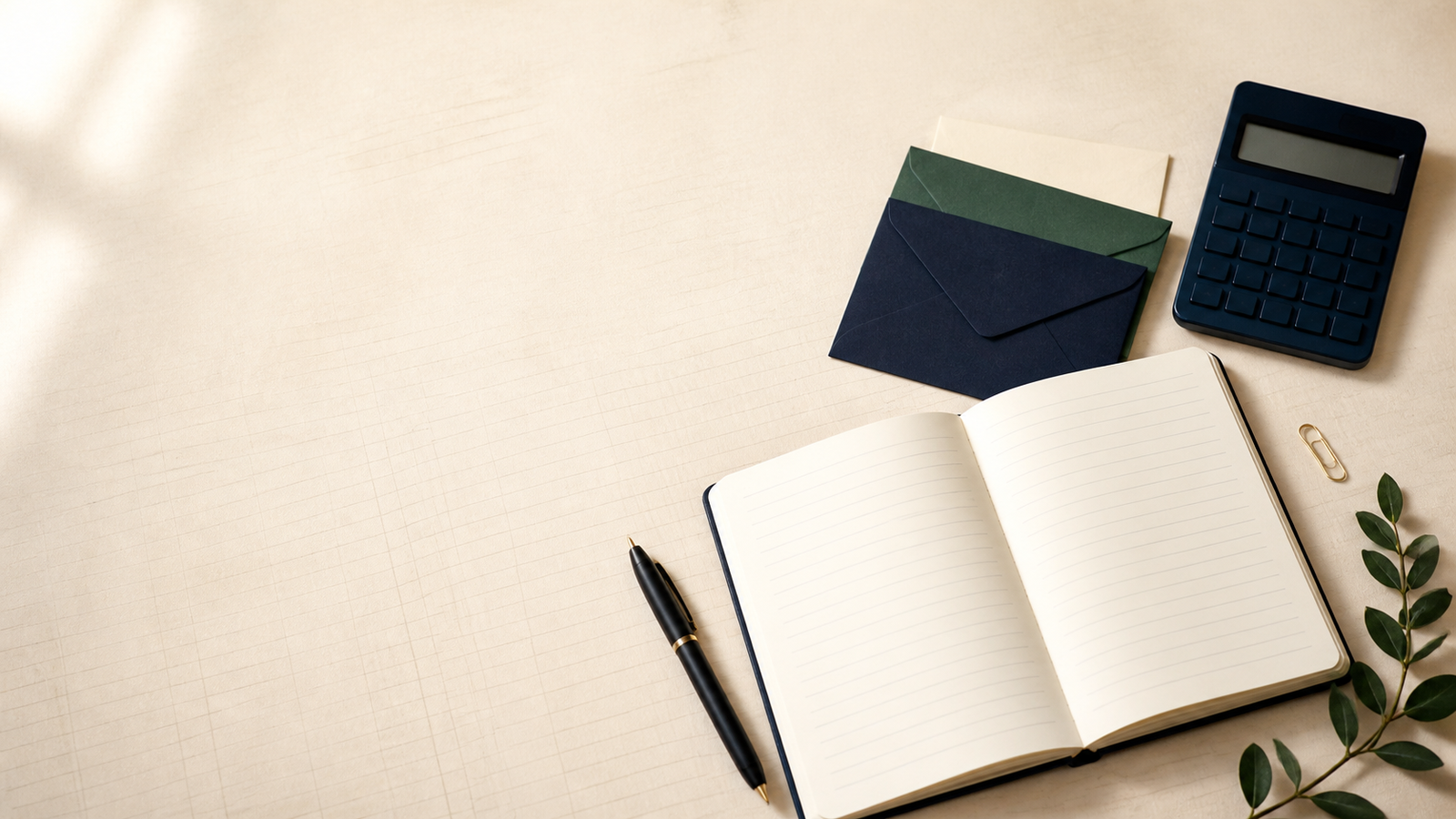 Open notebook, envelopes, and calculator arranged for a financial reset checklist.