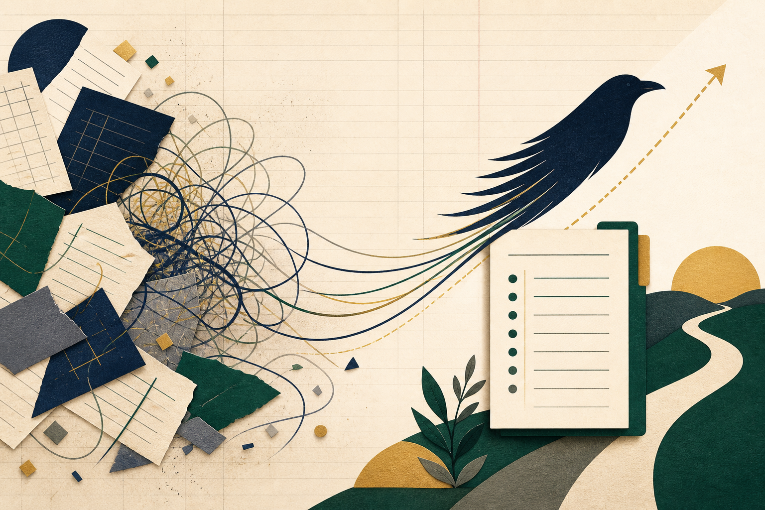 Scattered debt papers and tangled lines becoming an organized checklist and a clearer path forward.