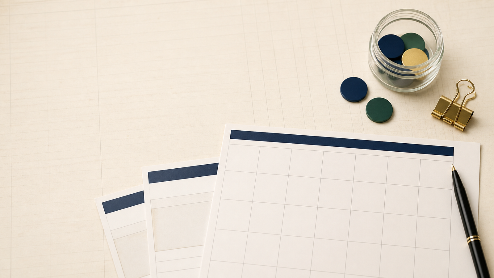 Blank bill calendar and small savings jar arranged for planning between paychecks.