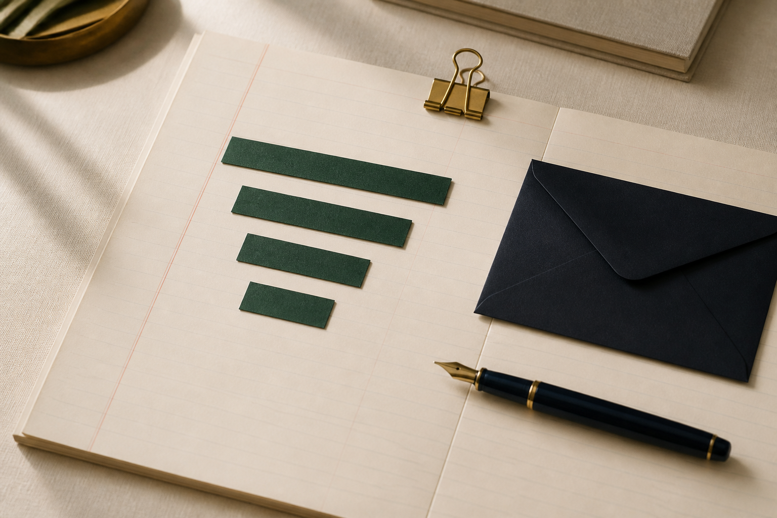 Blank ledger page with deep green markers, a midnight envelope, a navy pen, and an antique gold binder clip