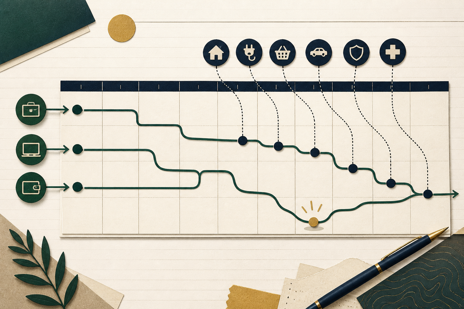 Illustrated cash-flow timeline showing income entering and household bills reducing the balance over a month.
