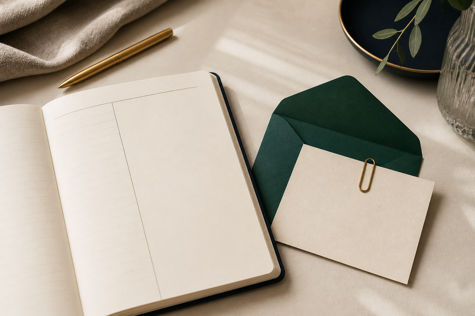 Blank ledger notebook with a deep green envelope, cream note, and gold paperclip