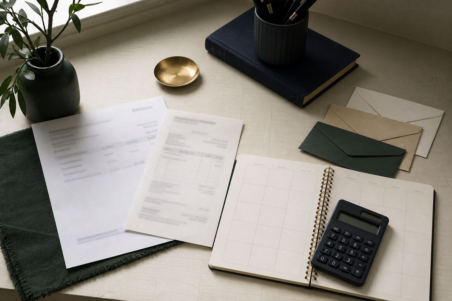 Unlabeled envelopes, a blank calendar, and a calculator arranged to plan for an unexpected household expense.