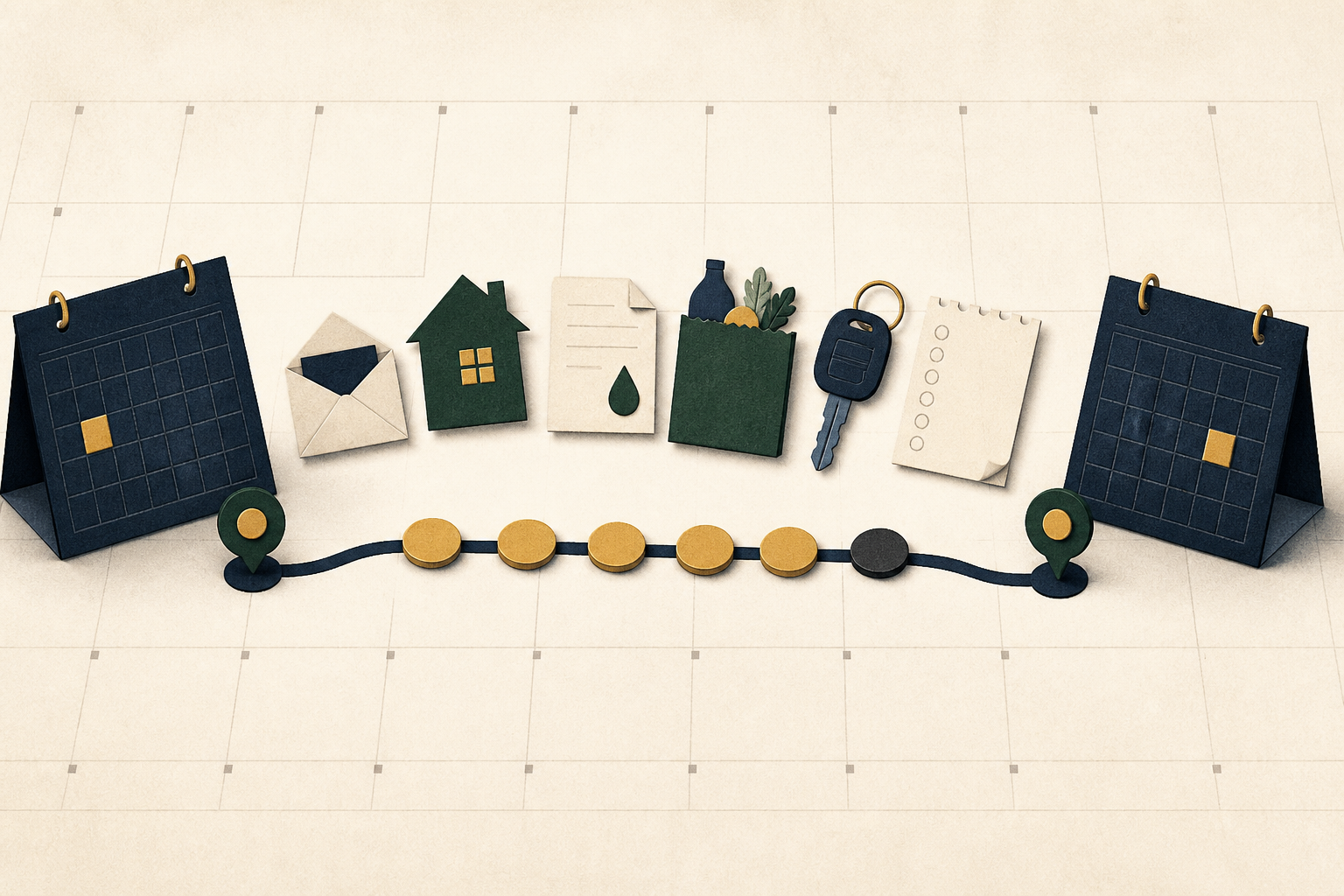 Two pay-cycle calendars connected by household expenses and a shrinking row of payment tokens.