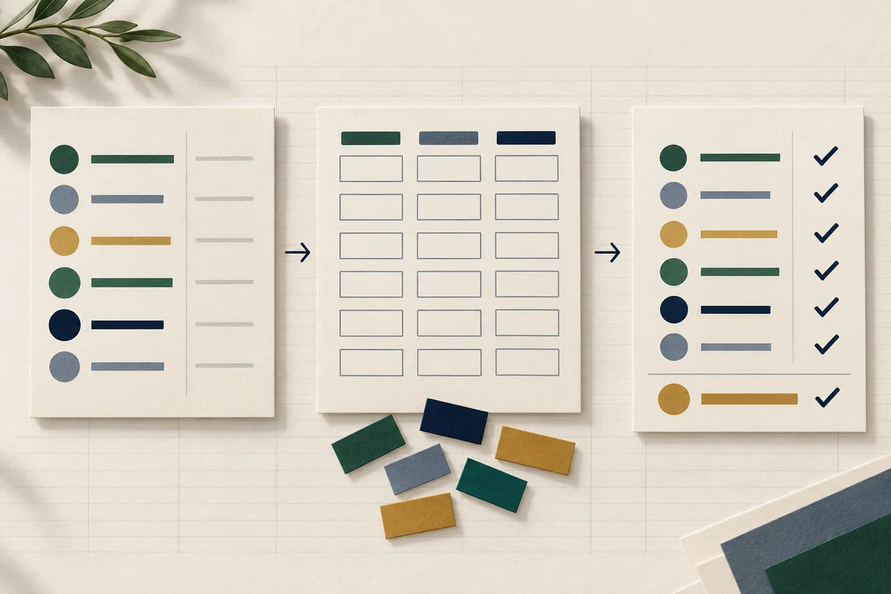 Three illustrated worksheet cards progress from category rows to blank cells to checked totals, with colored fictional test tiles on ivory grid paper.