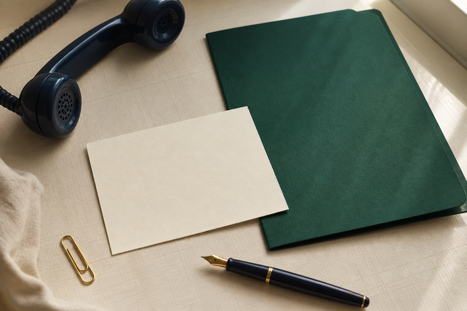 Blank correspondence card with a deep green folder, a navy telephone handset, and a gold paper clip