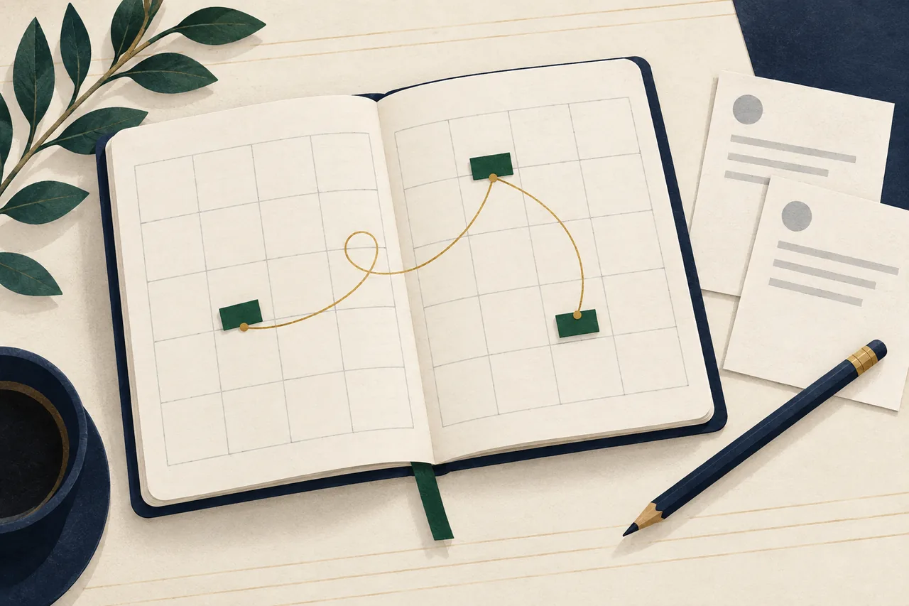 Illustrated ivory planner with a blank calendar grid, green tabs, bill slips, a navy pencil, and a looping gold line.