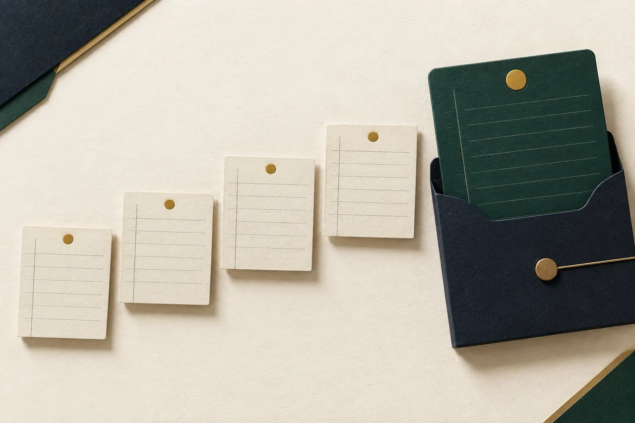 Four blank ledger cards lead toward a larger green card protected by a midnight folder.