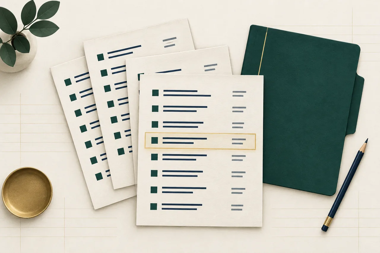 Illustration of overlapping report sheets with a gold-outlined row, a green folder, and a navy pencil on an ivory surface.