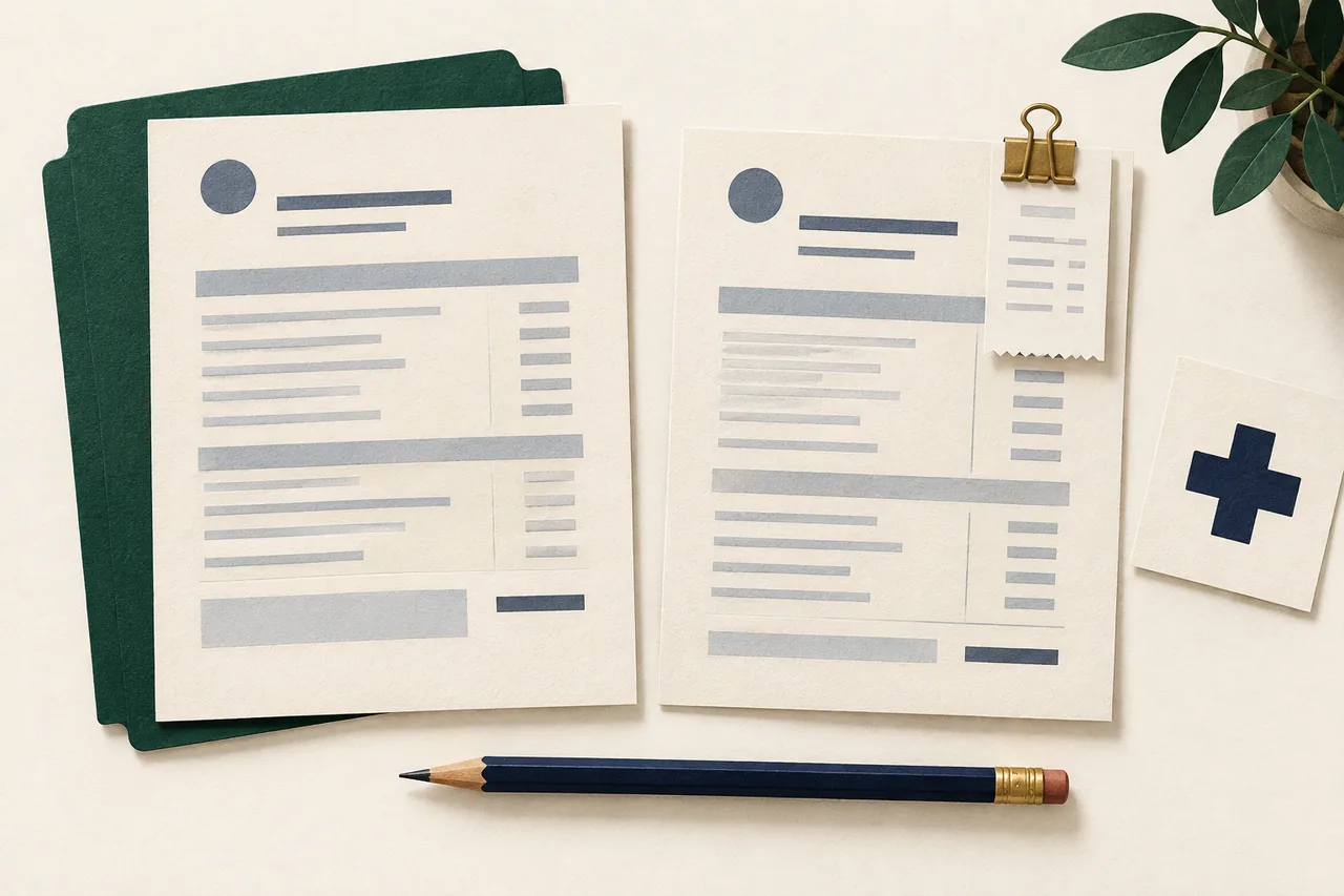 Illustration of two paper statements beside a receipt, green folder, navy pencil, and a card with a medical cross on an ivory desk.