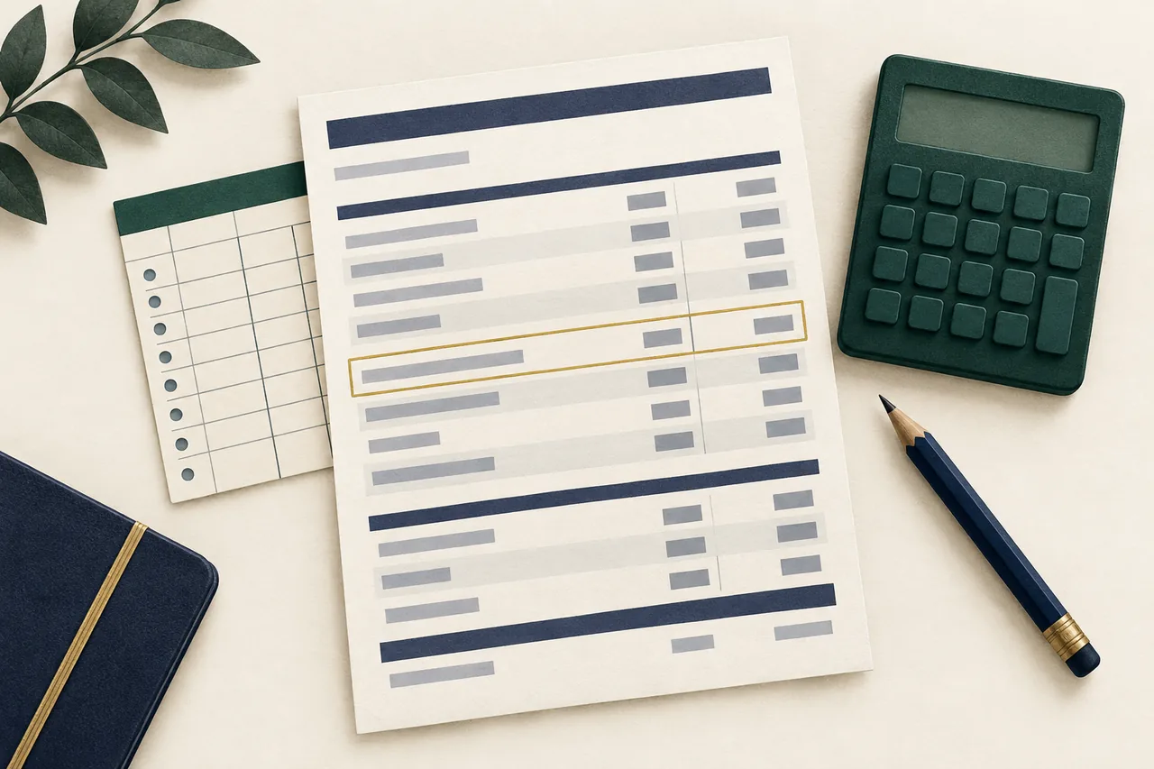 Illustration of a pay statement with a gold-outlined row beside a green calculator, navy pencil, and ruled time-record card on an ivory desk.