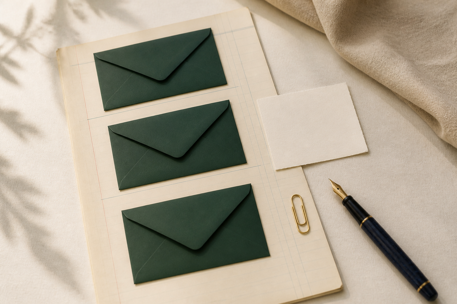 Three blank deep green envelopes on a ledger page with a cream card, a navy pen, and a gold paper clip