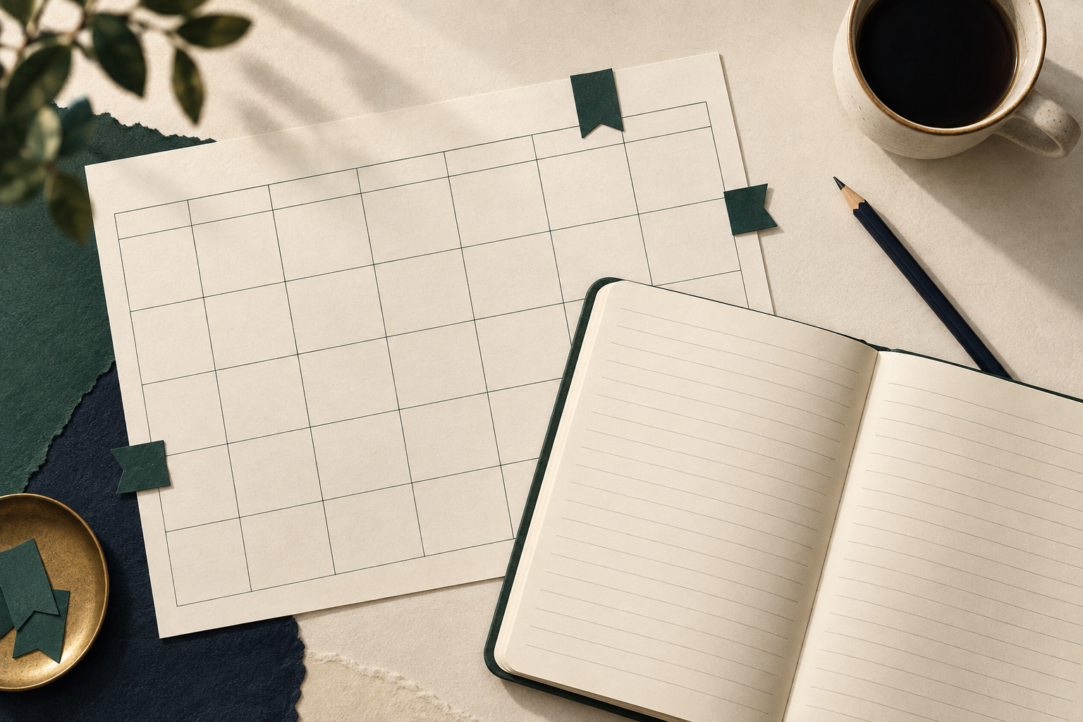 A blank calendar grid with green tabs beside a lined notebook and pencil.