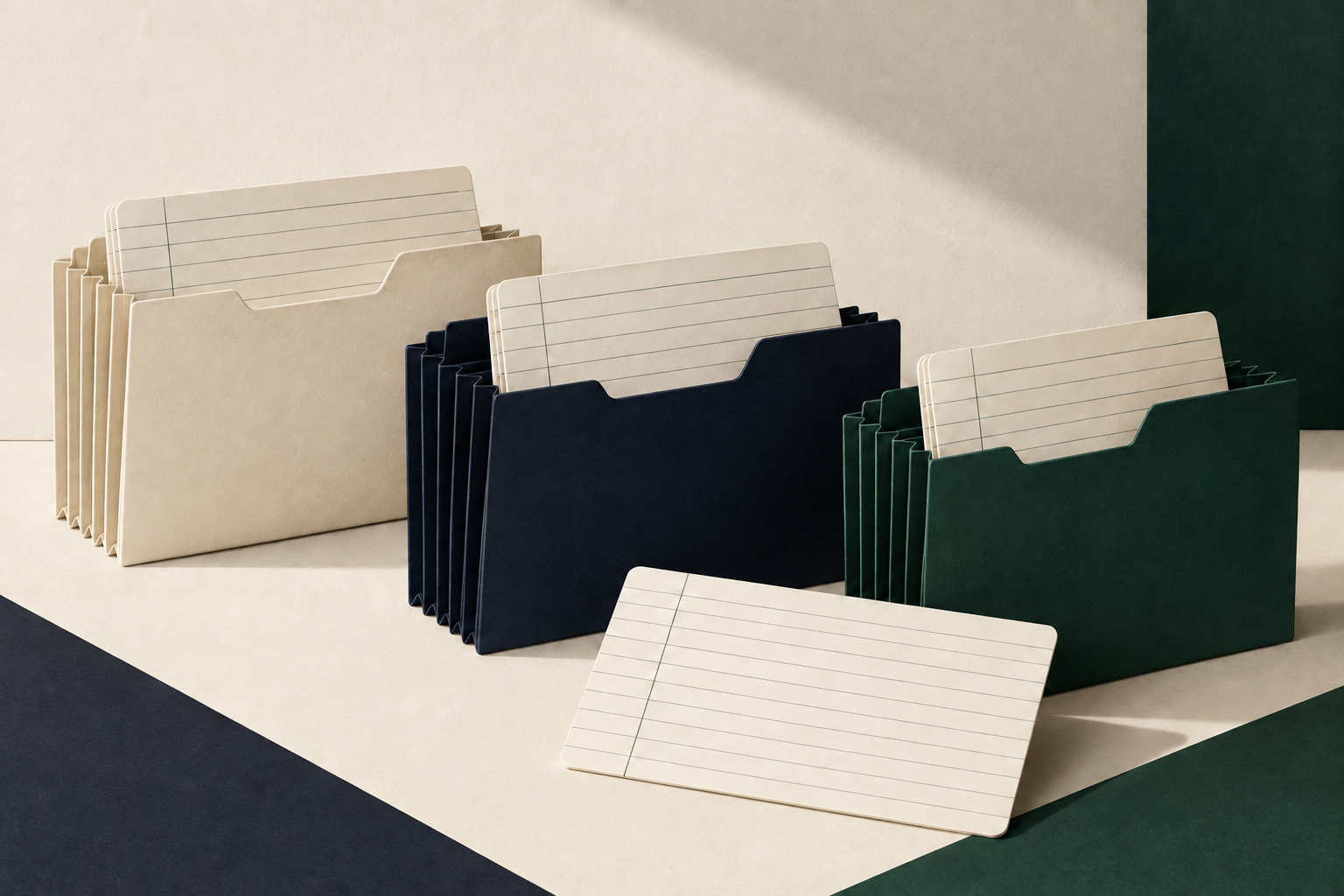 Three ivory, midnight-blue, and green folders holding blank ruled cards.