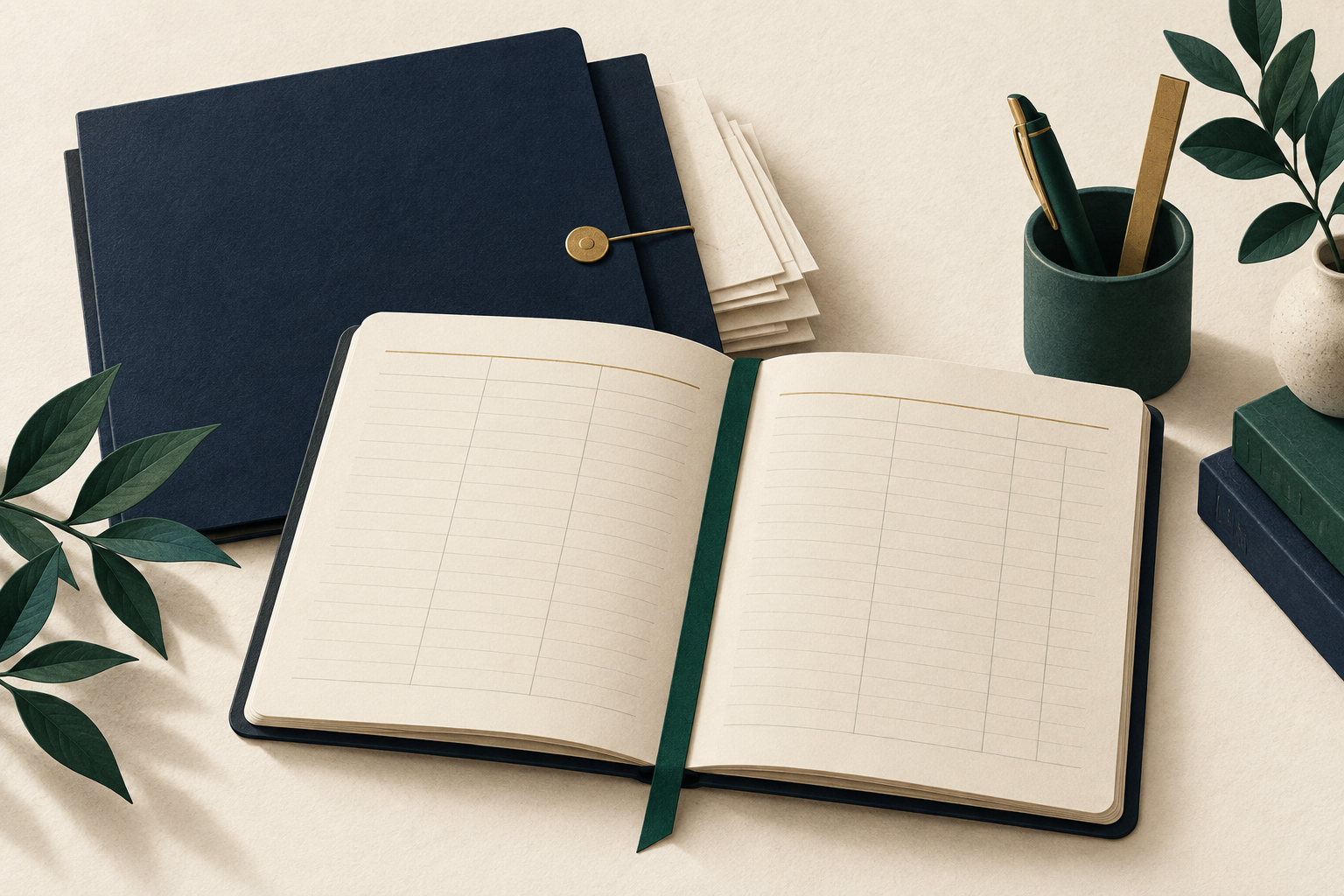 An open blank ledger with a green ribbon beside a midnight-blue folder.