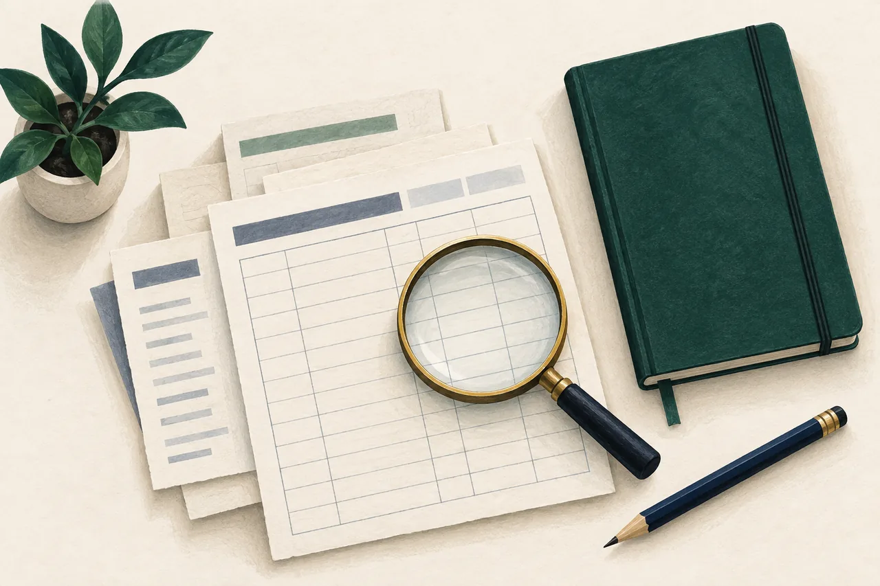 Illustrated magnifying glass over blank ledger papers beside an evergreen notebook, a navy pencil, and a small plant on an ivory surface.