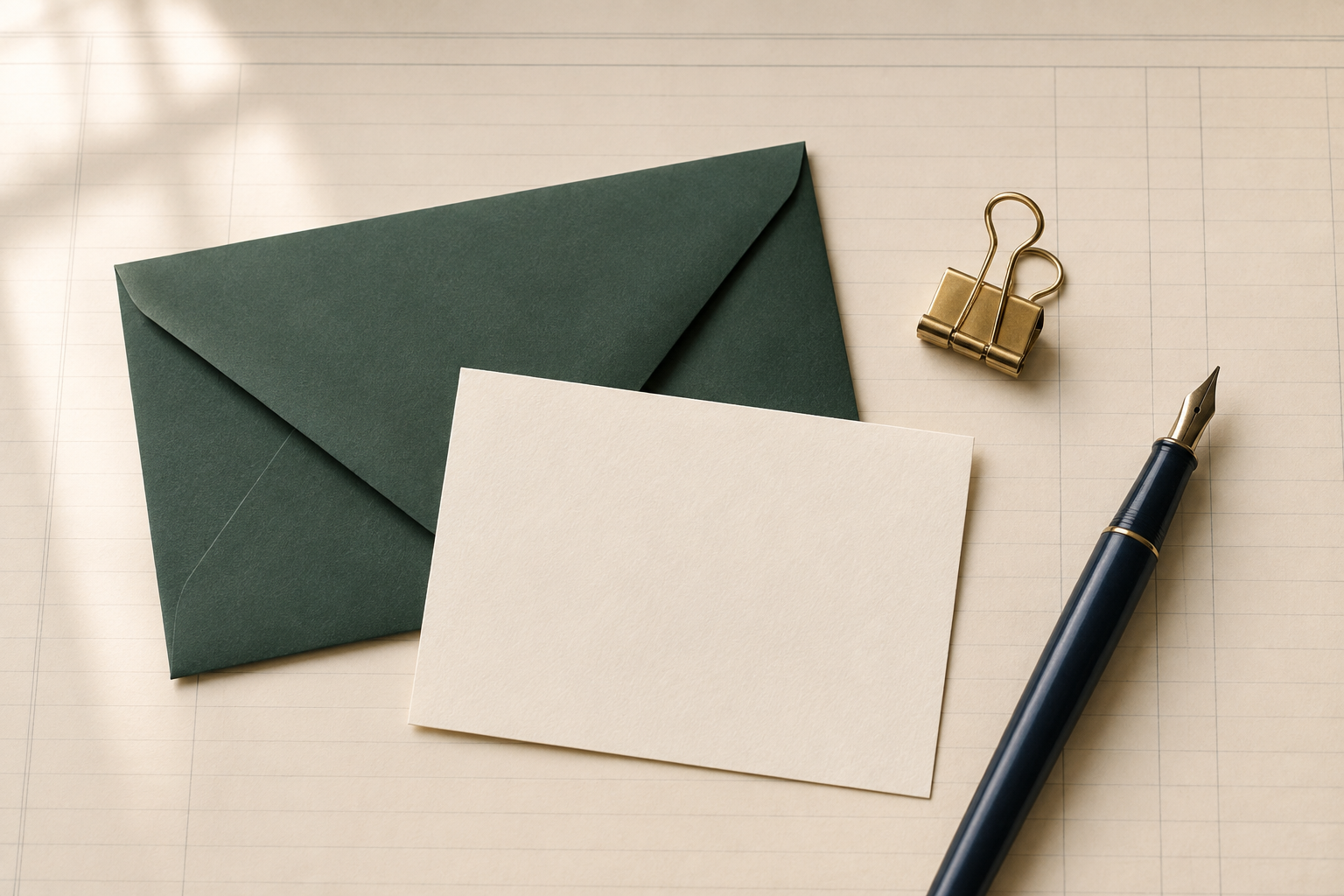 Deep green envelope, blank ivory note card, navy fountain pen, and gold binder clip on a warm ivory ledger page