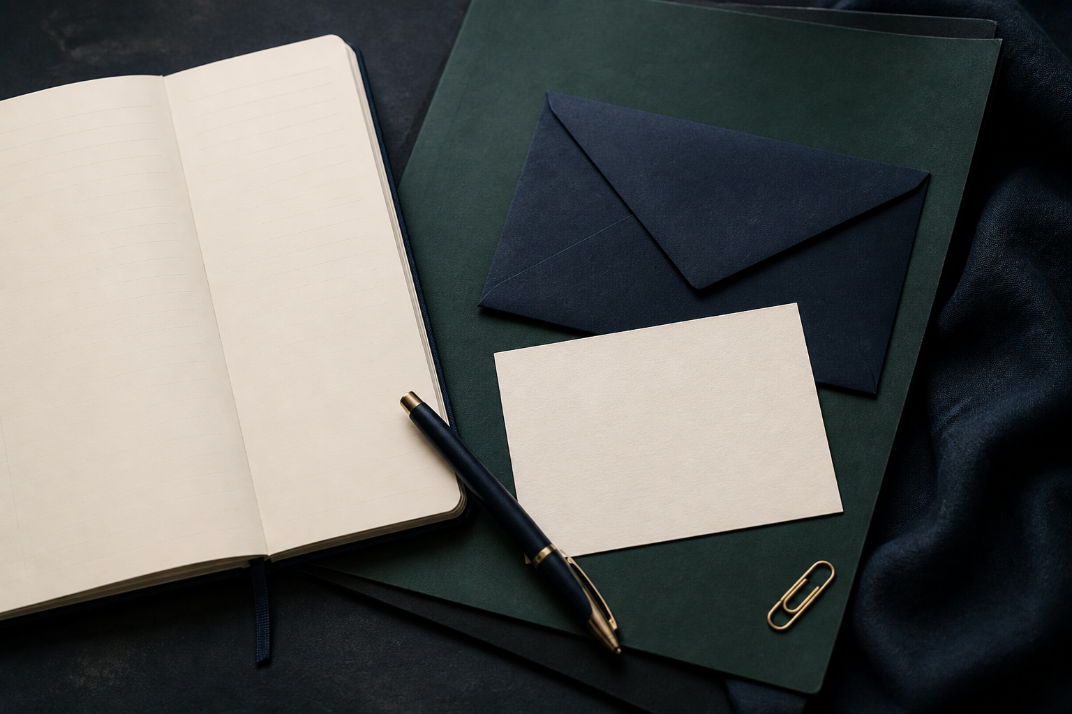 Blank lined notebook, deep green folder, navy envelope, blank card, and gold paper clip arranged for a job-gap plan