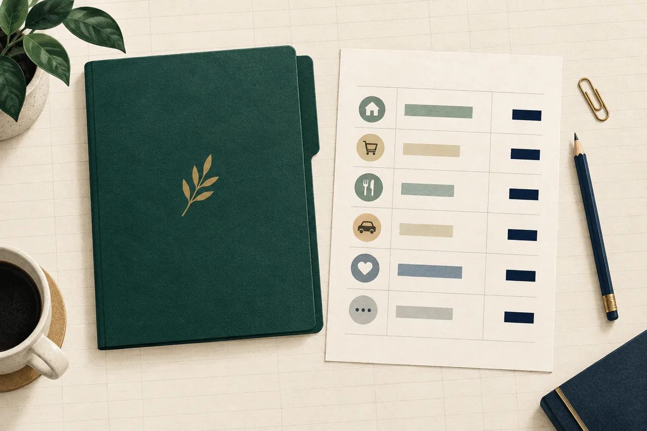 Illustration of an ivory spending summary with grouped rows partly covered by navy bars beside a green folder and navy pencil.