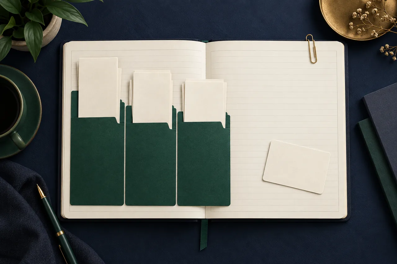 Illustrated ivory ledger with evergreen dividers, blank bill slips, a separate small card, and a gold paperclip.