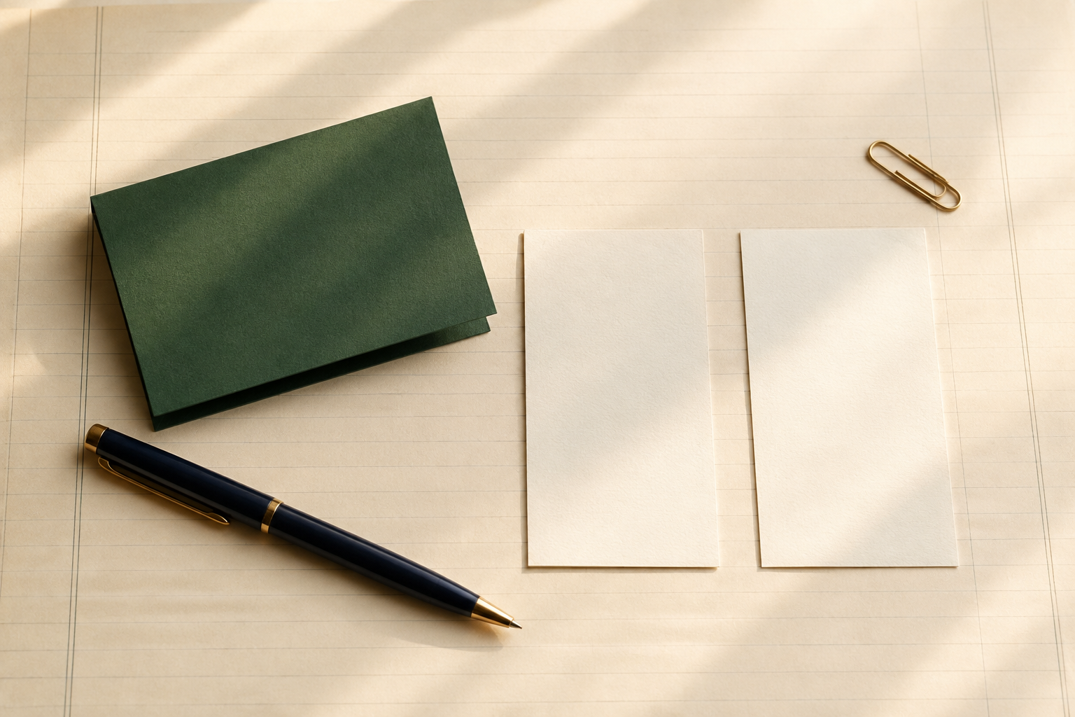 Deep green folded card, two blank ivory paper slips, navy pen, and gold paper clip on a warm ivory ledger page