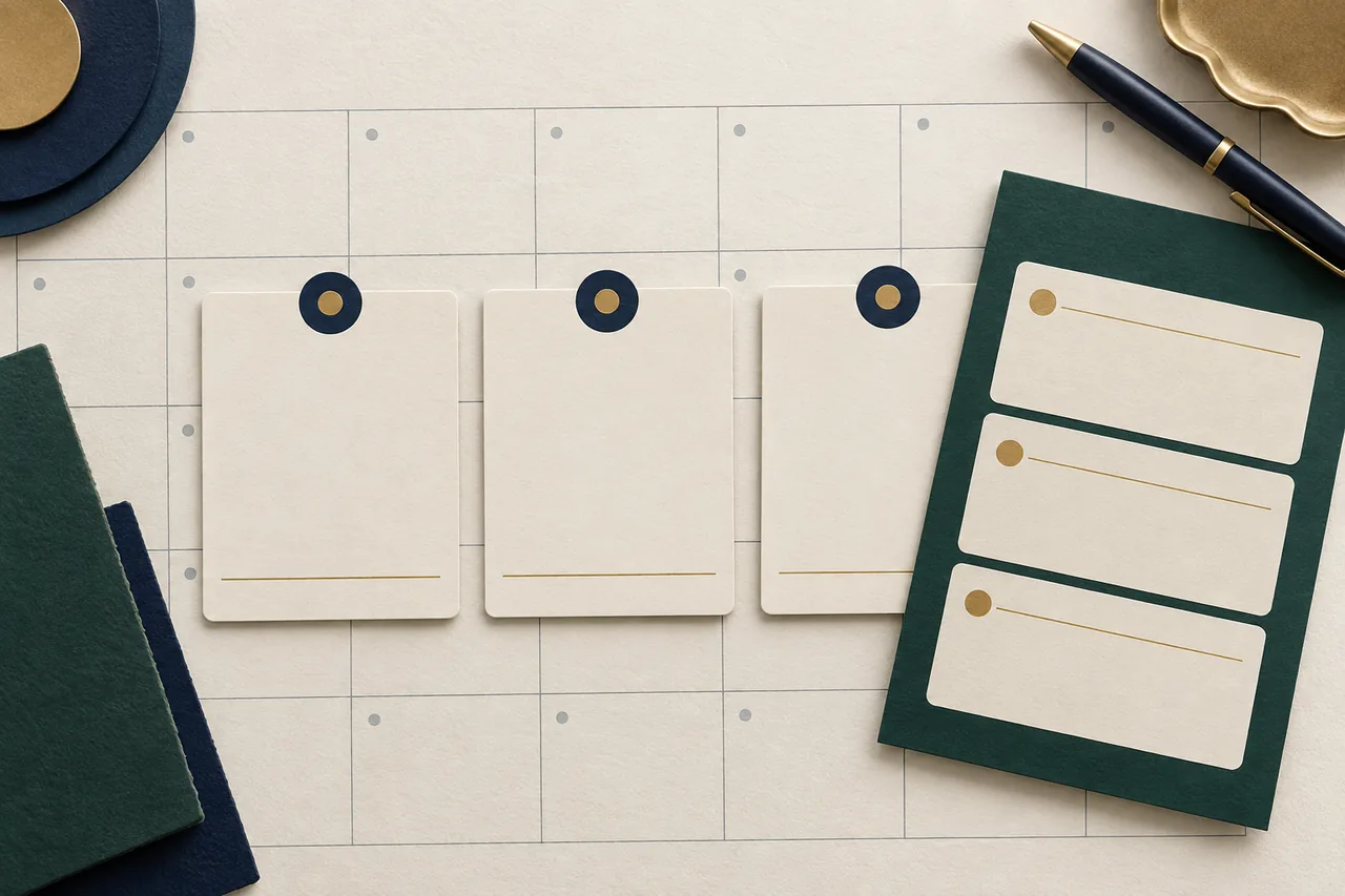 Three blank payday cards rest on an ivory calendar beside a green allocation sheet.
