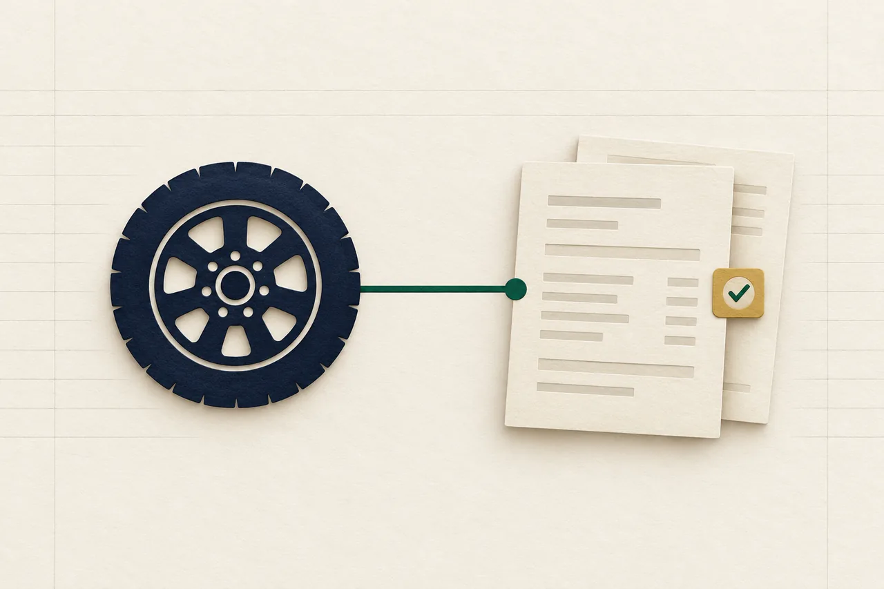 A navy paper wheel connects by a green line to two ivory estimate sheets with a small gold check-mark tab.