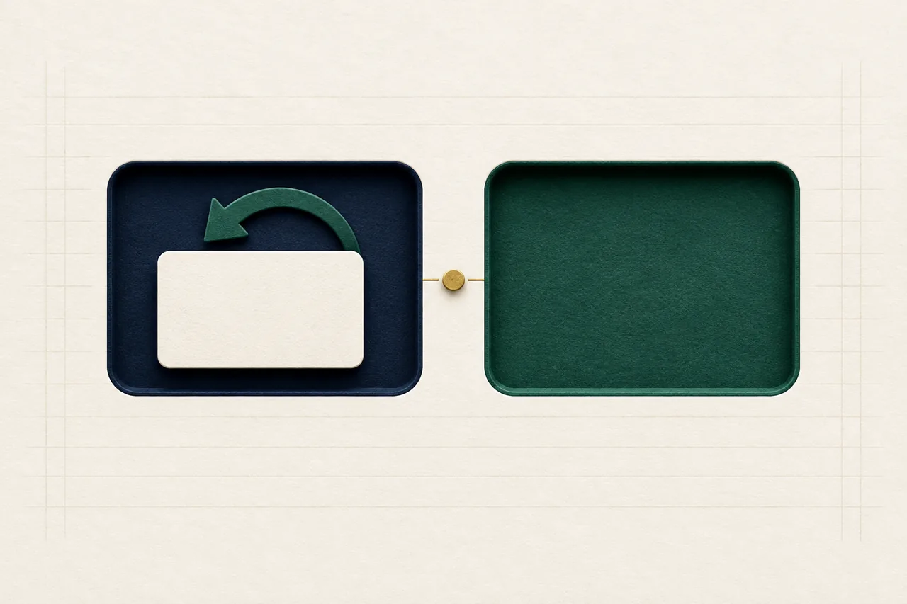 A curved green arrow points toward a blank ivory card in a navy tray beside a separate empty green tray.