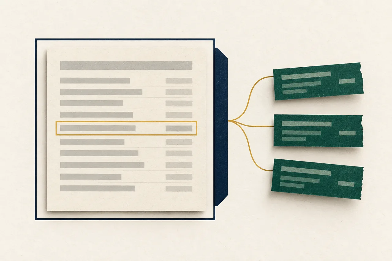 A gold outline highlights one row on a blank statement sheet inside a navy frame, connected to three green transaction strips outside the frame.