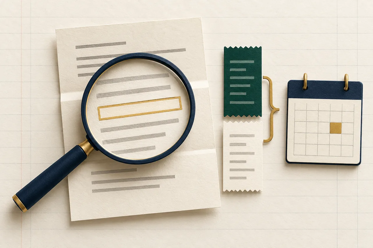 A magnifying glass highlights a blank row on a folded notice beside two receipt-shaped strips and a calendar with one gold square.