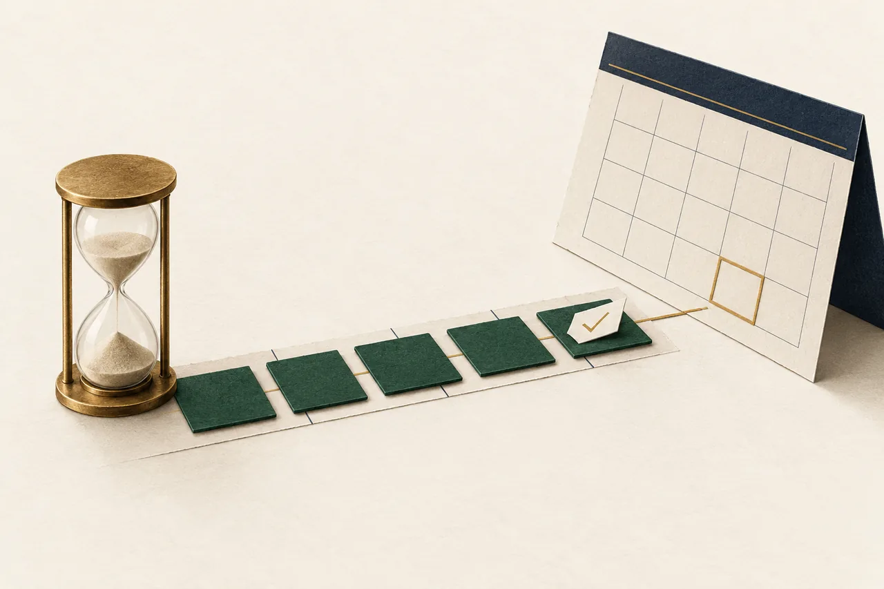 An hourglass stands beside five green payment tiles leading toward a blank calendar with a gold-outlined square and a small confirmation slip.