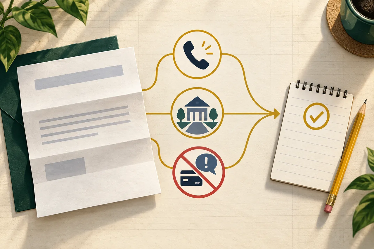 A blank energy notice connects by gold lines to a phone, assistance-office icon, crossed-out urgent payment symbol, and a checked call-notes pad.