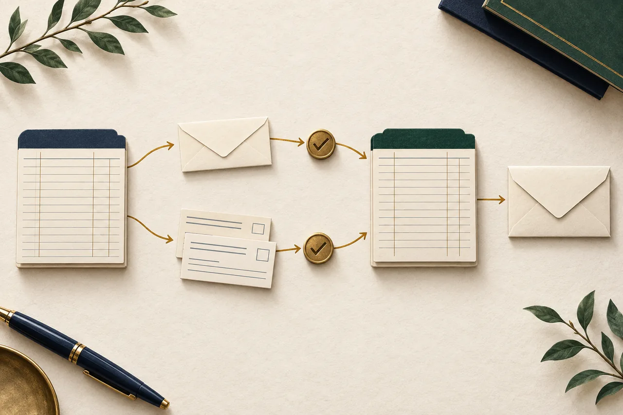 An old and a new ledger are connected by separate checked paths for a paycheck envelope and payment slips.