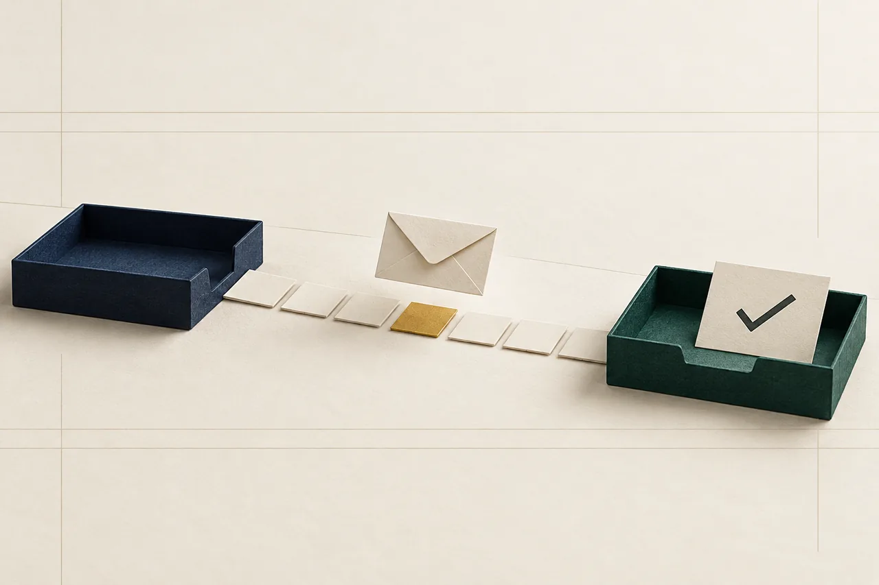 An ivory envelope hovers over a path of paper tiles between a navy tray and a green tray holding a check-mark card.