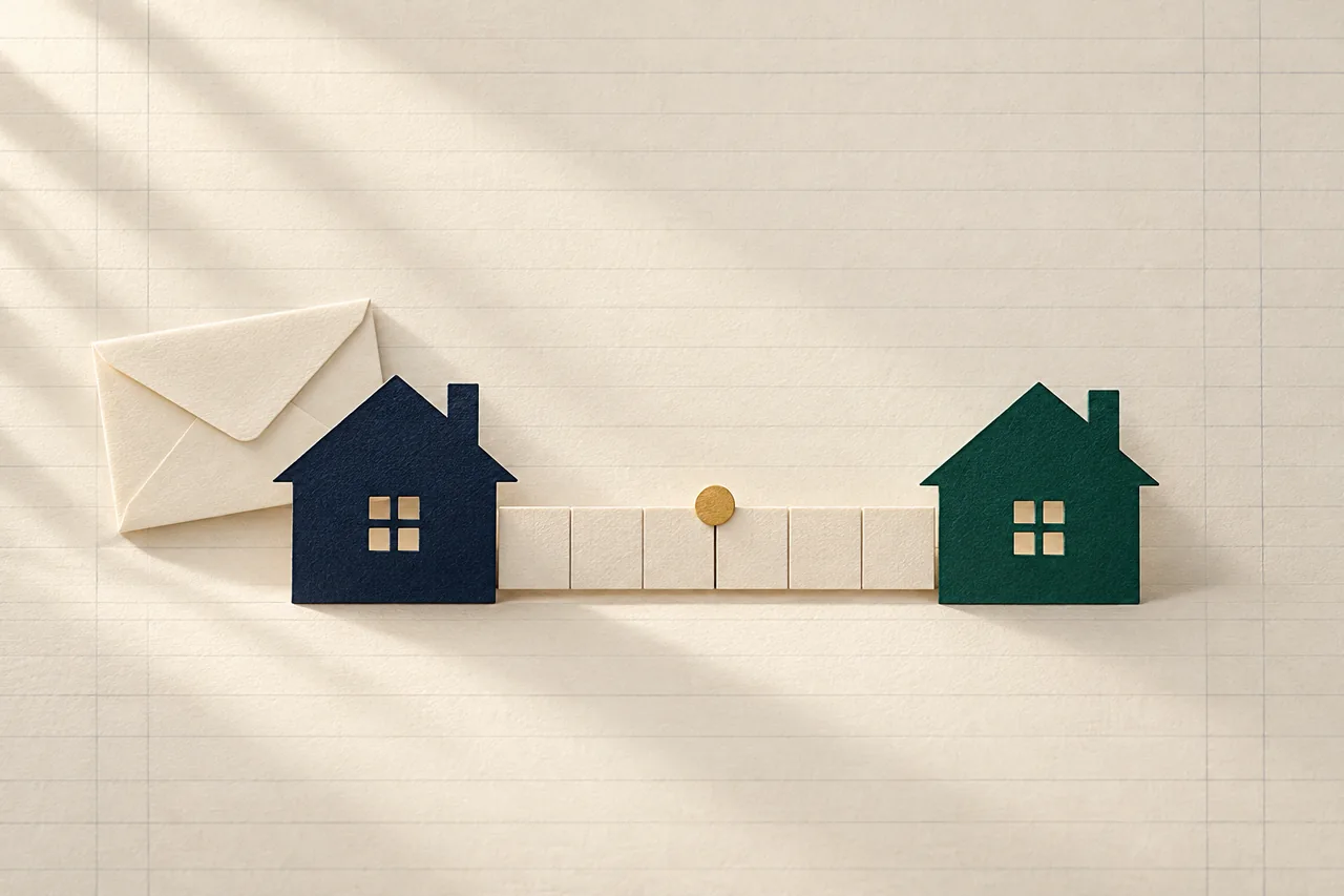 Navy and green paper houses connected by a blank calendar strip, with a gold marker between them and an envelope behind the navy house.