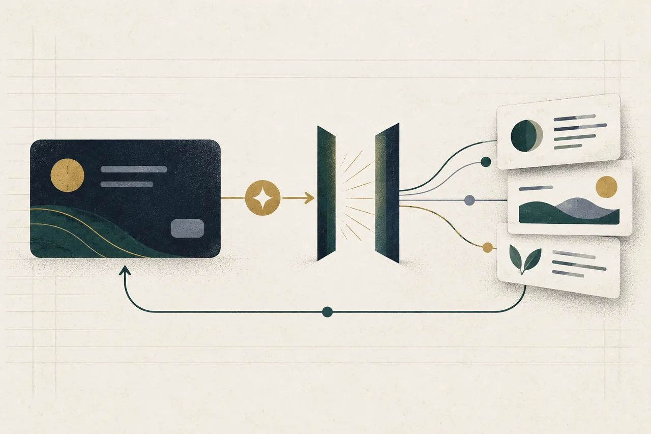 An abstract account card connects through a narrow gate to three insight cards, with a curved return line leading back to the account.