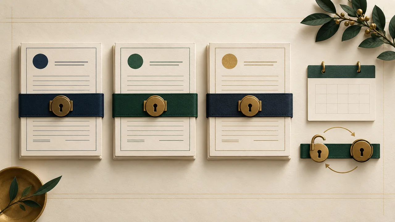 Three separate paper credit reports sit behind individual brass locks beside a blank calendar and reversible lock symbols.