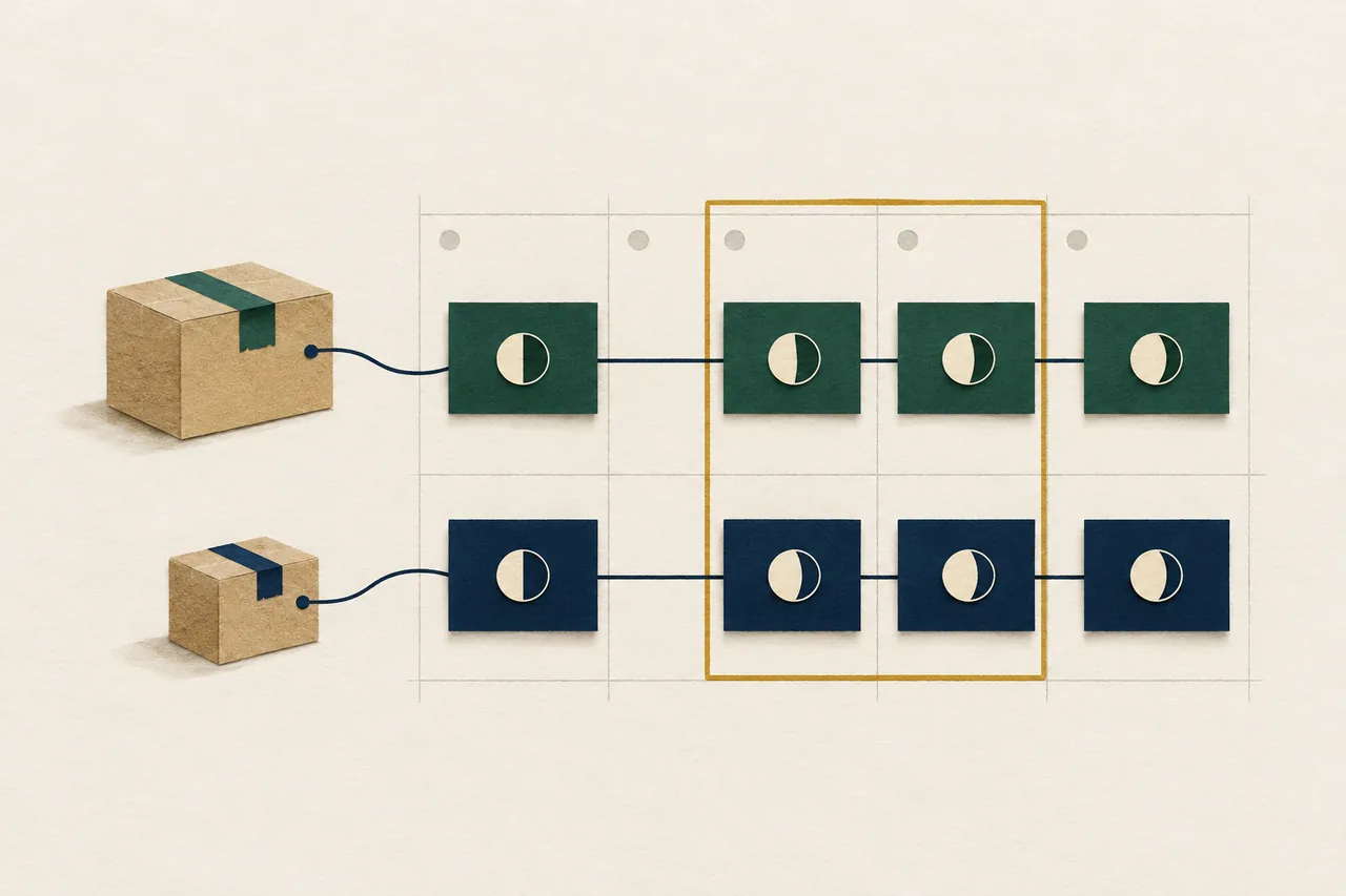 Two plain packages connect to rows of green and navy payment tiles on a calendar grid, with a gold frame highlighting overlapping columns.