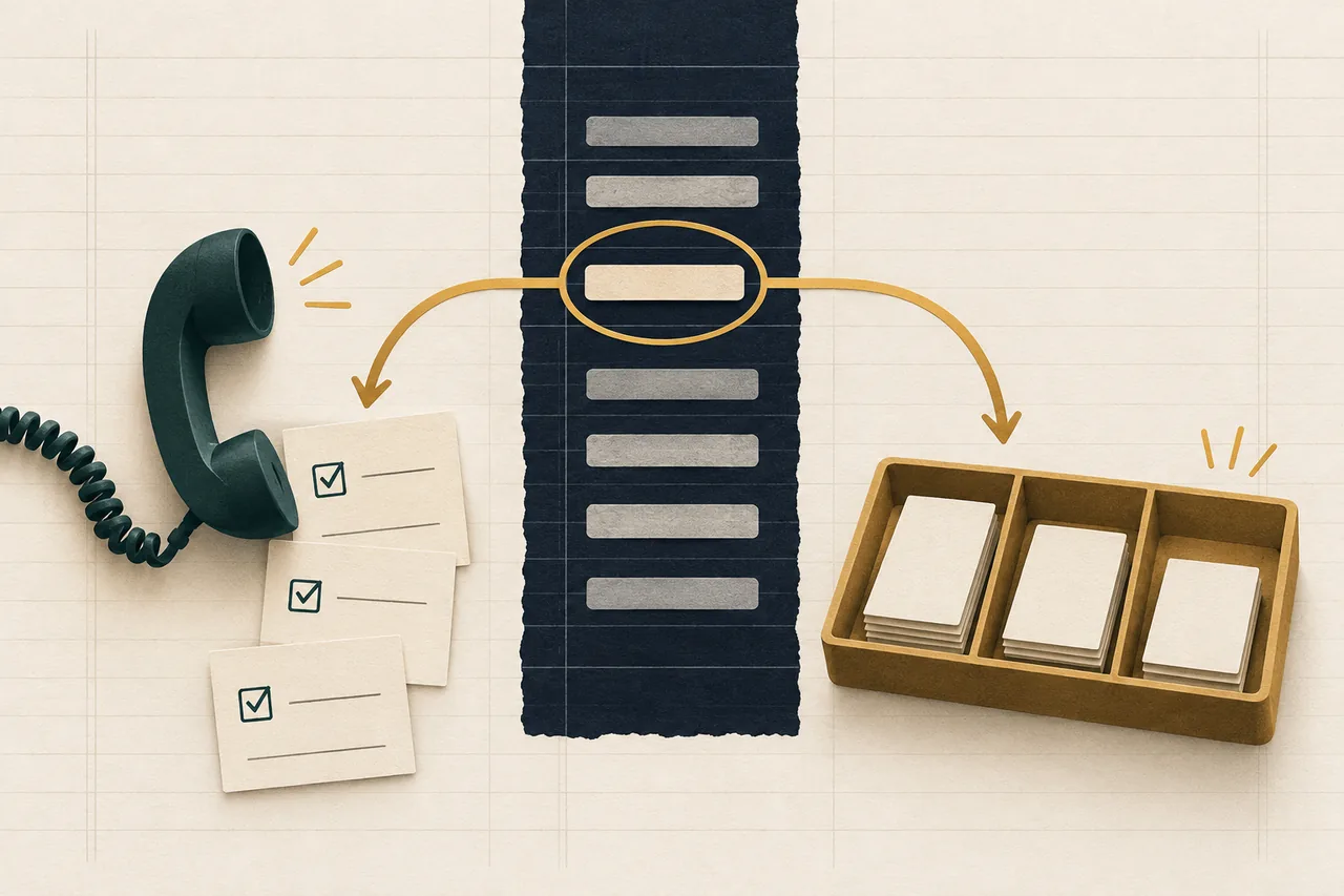A highlighted ledger entry branches toward a telephone and checked notes on one side and a divided tray of blank paper tokens on the other.