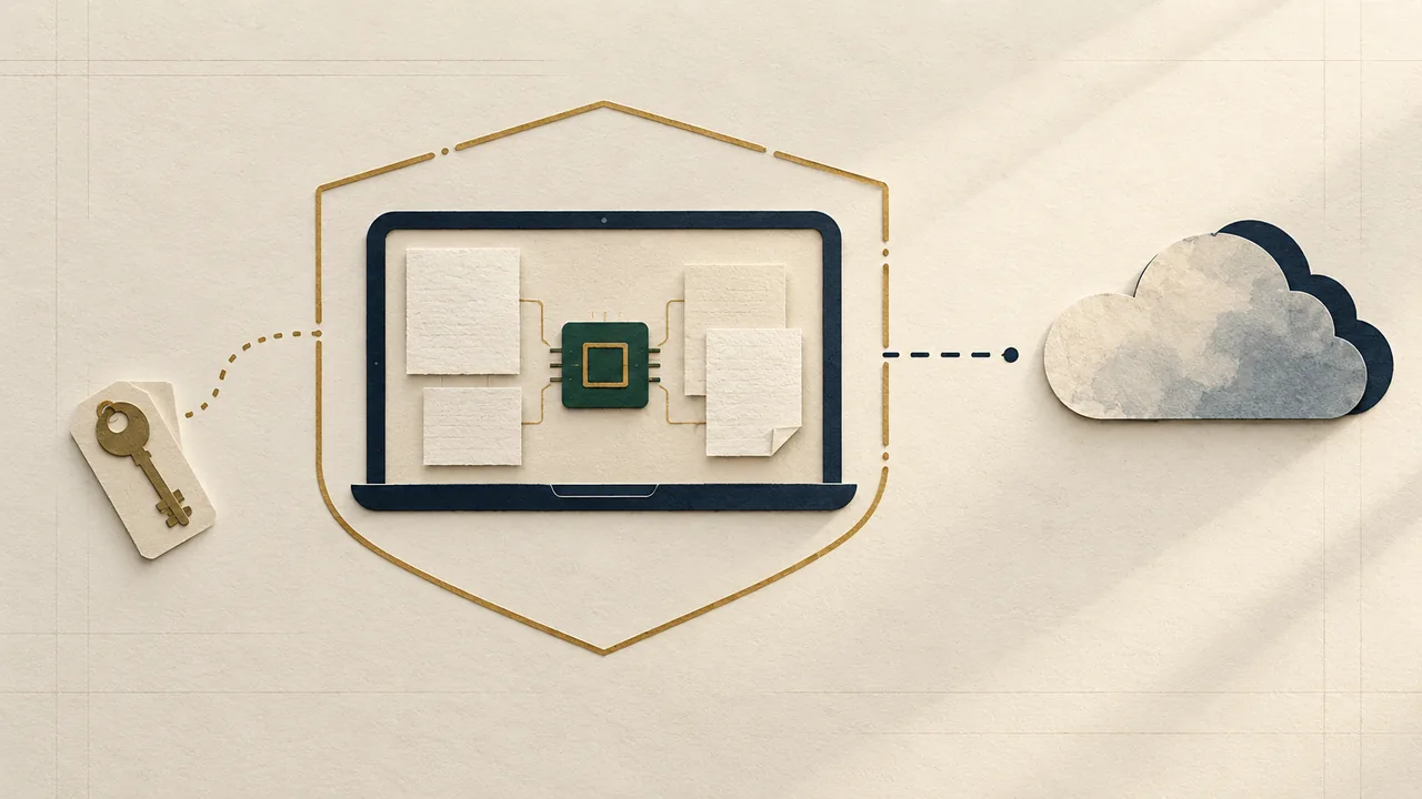 A model tile and blank paper slips sit inside a device outline, with a separate cloud beyond the boundary and a key-shaped tab beside it.